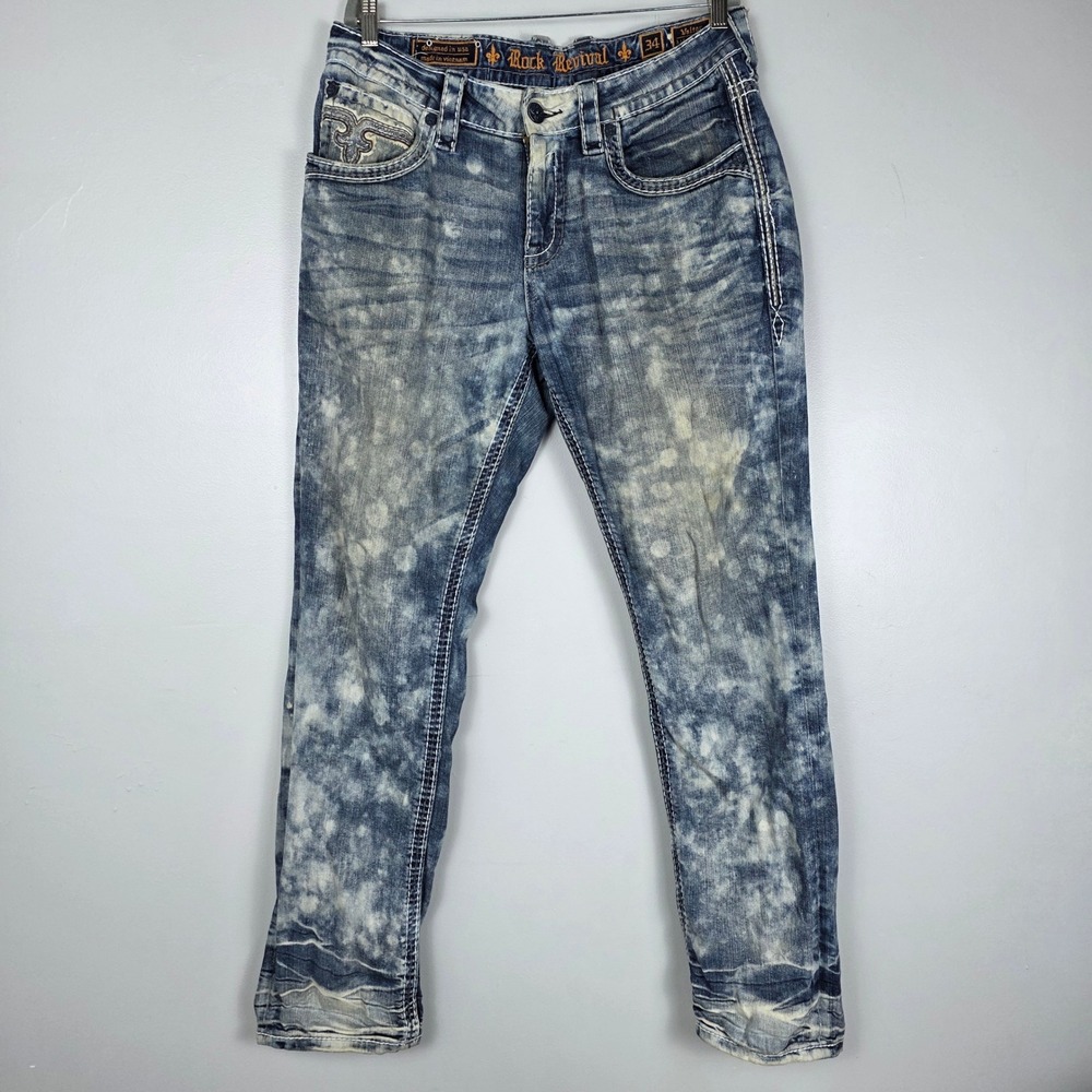 Rock Revival Valter Alt Straight Jeans Mens 38 Blue Wash Acid Punk Distressed